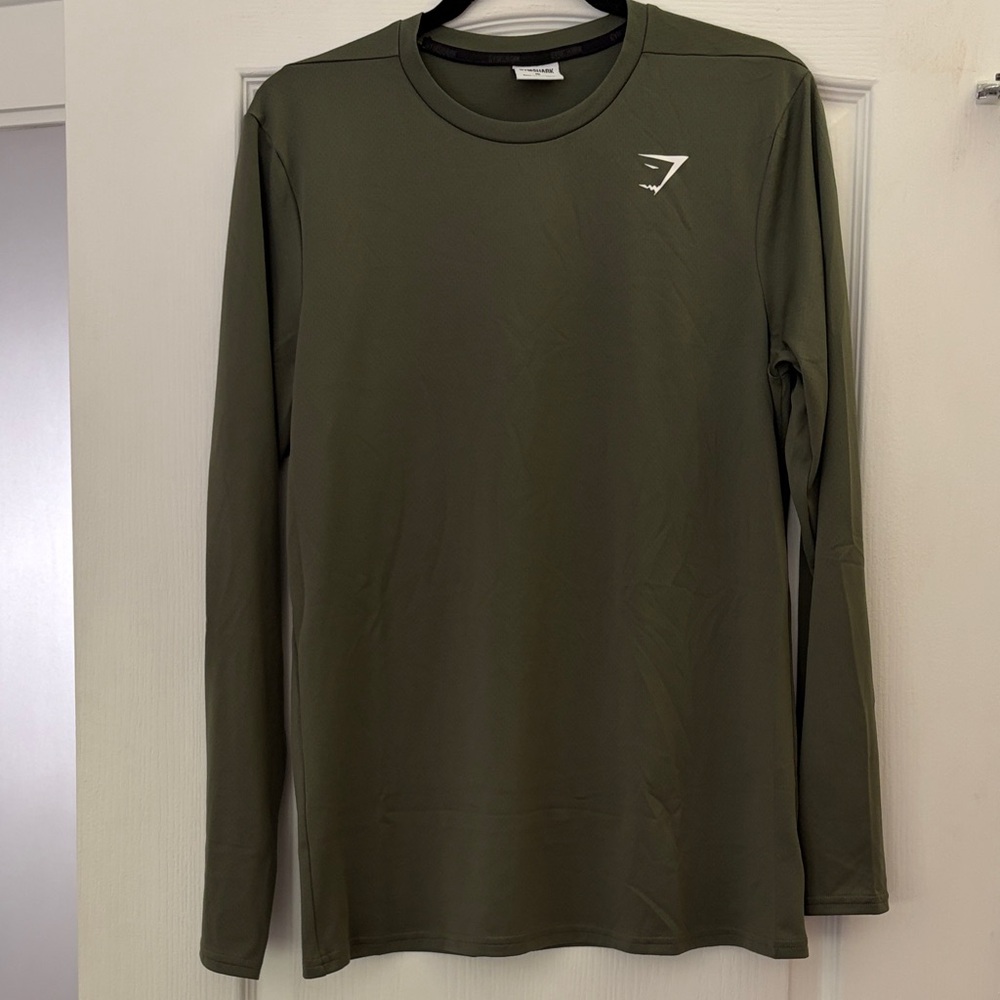 Men’s Gymshark Olive Green Long Sleeve Crew with White Logo